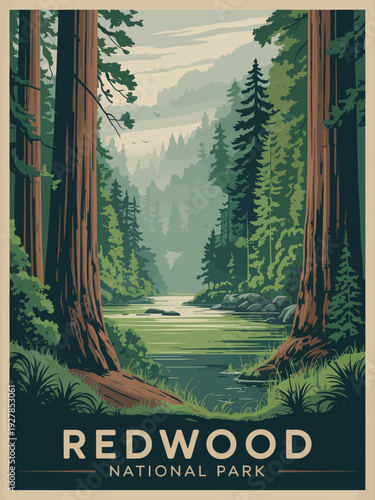 Redwood National Park California, vintage style travel print with giant redwoods and misty river