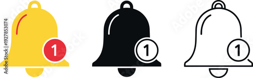 Notification Bell Icon Set with Alert Badge in Filled and Outline Styles for Mobile Apps, Websites, User Interface, and Messaging Systems