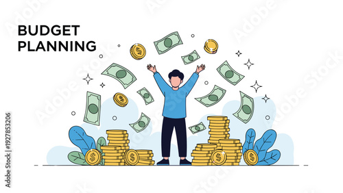 Joyful man standing with his arms raised under a shower of falling money bills and surrounded by stacks of golden coins.