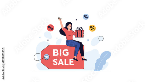 Happy woman sitting on a large red Big Sale tag while holding a wrapped gift box and surrounded by percentage icons.
