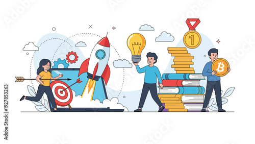 Team of creative people working together with a rocket launch, target, light bulb, books, and a large bitcoin for success.