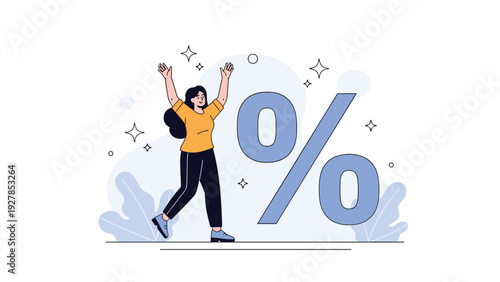 Happy woman standing with her arms raised in joy next to a large blue percentage symbol representing big savings or a discount.