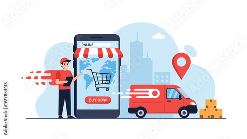 Concept of global online shopping and efficient delivery services features a courier, red truck, and packages beside a large smartphone.