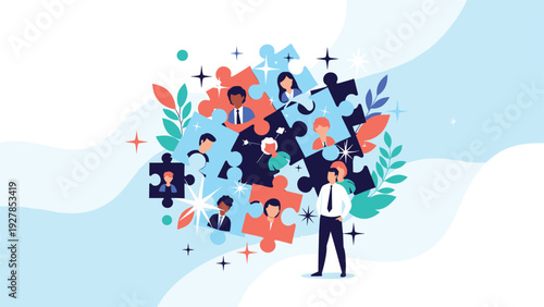 Victorious businessman standing on a large red and black bullseye target with festive stars representing a reached business goal.