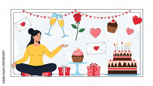 Woman sits peacefully surrounded by celebratory elements including hearts, cupcakes, champagne, roses, and gifts for Valentine's Day.
