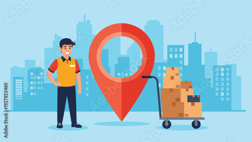 Friendly delivery courier in uniform stands next to a large red location pin and a trolley loaded with brown cardboard boxes for transport.