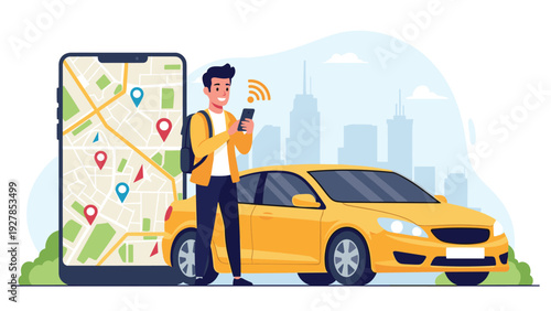 Young man uses a mobile app to book a ride next to a yellow taxi car and a large smartphone displaying a city map with location pins.