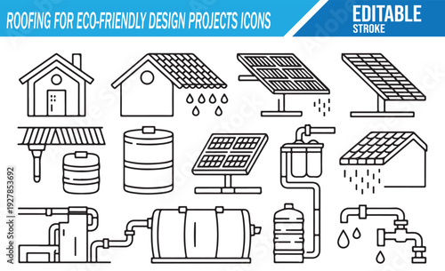 Sustainable Building Materials and Roofing Outline Icons