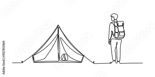 Continuous line drawing of a backpacker standing next to a camping tent in the wild Vector, illustration