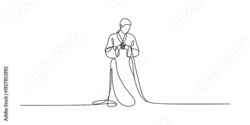 Continuous line drawing of a person wearing a long robe and kneeling in prayer or meditation. Vector, illustration