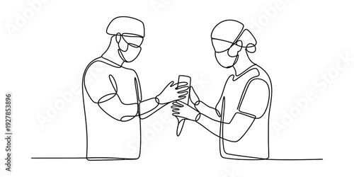 Continuous line drawing of two surgeons in a medical operation wearing masks and scrubs. Vector, illustration
