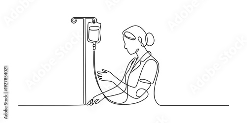 Continuous line drawing of a nurse checking an intravenous drip bag in a hospital setting. Vector, illustration