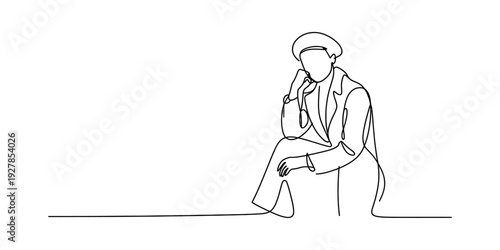 Continuous line drawing of a stylish person wearing a hat and a long coat sitting down. Vector, illustration