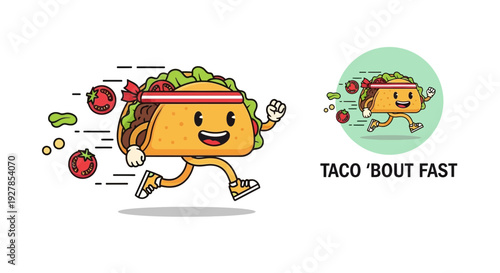 Cartoon taco character running fast with ingredients flying around