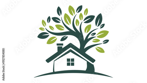 A stylized illustration of a house with a tree growing out of its roof.