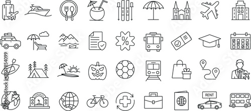 Travel agency editable stroke outline icons set. related to vacation, holiday, traveling, tourism, booking, different tours, visa and more.