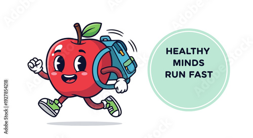 Cartoon apple character jogging with backpack