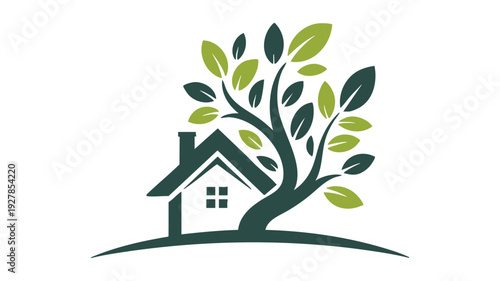 A house with a small tree growing beside it symbolizing growth and stability.