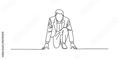 Continuous line drawing of a businessman in a starting position ready to run a race. Vector, illustration
