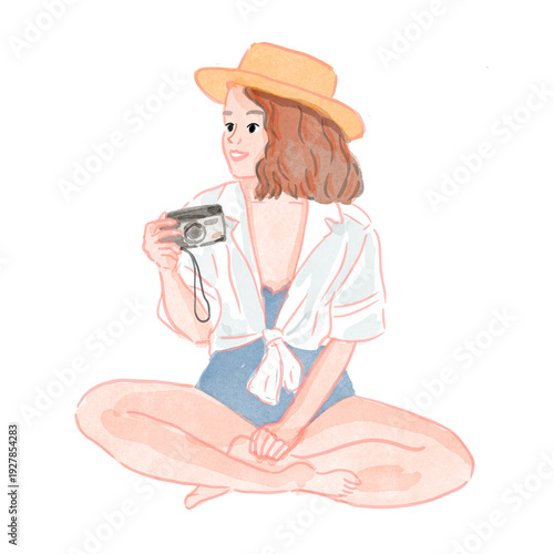 Young woman taking photo in vacation on the beach watercolor