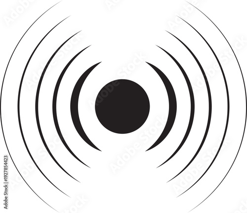 Black concentric ripple circles icon. Sonar or sound wave ring. Epicentre and target radar concept. Radial signal or vibration element. Halftone vector illustration isolated on transparent background.