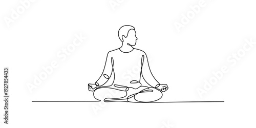 Continuous line drawing of a man sitting in a cross legged meditation pose for mindfulness Vector, illustration