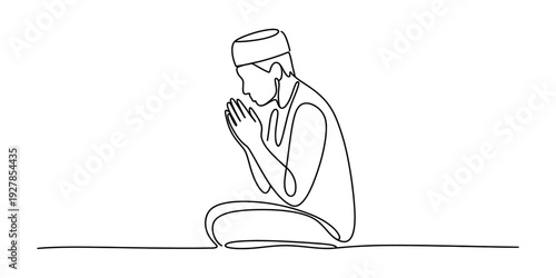 Continuous line drawing of a muslim man praying in a sitting position with hands together. Vector, illustration