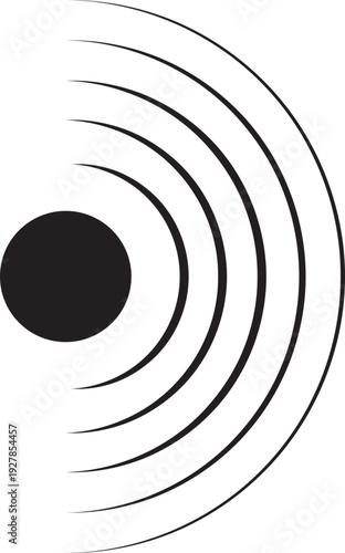 Black concentric ripple circles icon. Sonar or sound wave ring. Epicentre and target radar concept. Radial signal or vibration element. Halftone vector illustration isolated on transparent background.