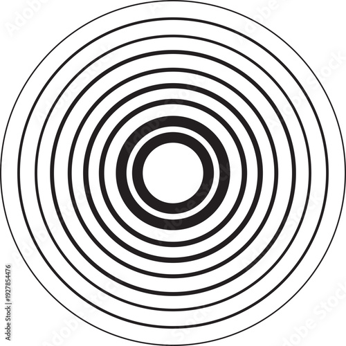 Black concentric ripple circles icon. Sonar or sound wave ring. Epicentre and target radar concept. Radial signal or vibration element. Halftone vector illustration isolated on transparent background.