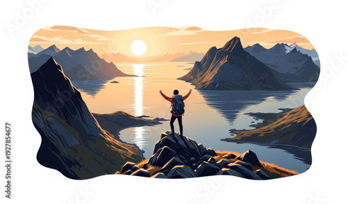Adventure Travel in Norway: Hiking Man Enjoying Sunset and Scenic Lofoten Islands Vector Illustration