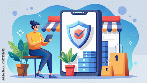 Flat vector illustration of secure online shopping concept showing a person paying on smartphone with lock and shield symbols. Cybersecurity, safe online payments, e-commerce protection and digital se