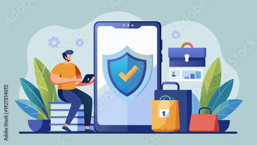 Flat vector illustration of secure online shopping concept showing a person paying on smartphone with lock and shield symbols. Cybersecurity, safe online payments, e-commerce protection and digital se