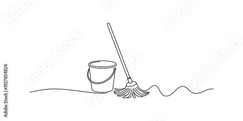 Simple line drawing of a cleaning mop leaning next to a bucket on a flat surface Vector, illustration
