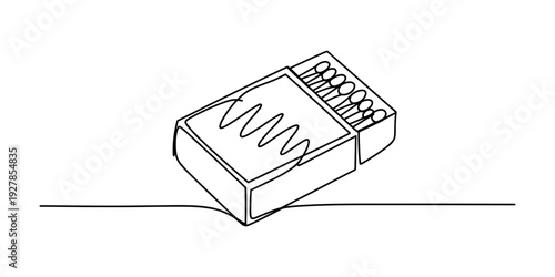 Simple black and white line drawing of an open matchbox filled with wooden matches Vector, illustration