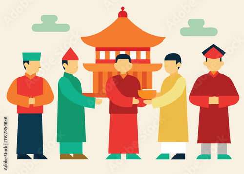Five men in traditional and modern attire participate in a ceremonial exchange of a bowl in front of a pagoda.