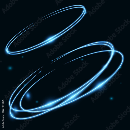 Two glowing blue light trails forming overlapping elliptical rings with small sparkling particles on a dark blue background