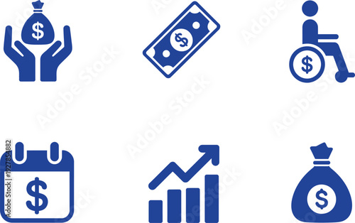 Financial planning and investment icons. Savings, budget growth, and disability benefits support. Vector illustration