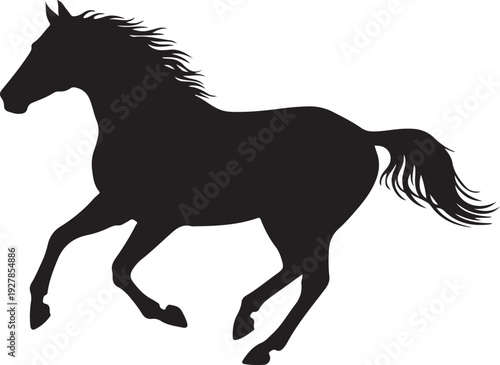 Black silhouette of a horse running in motion, isolated on white background, clean vector style.