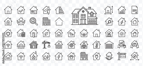 Modern Real Estate and Home Line Icons Set. Comprehensive Outline Vector Pack for Housing, Property, Mortgage, Smart Home, Eco and Construction Concepts.