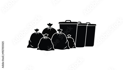 Set of 4 black trash bags and 2 briefcases vector icons