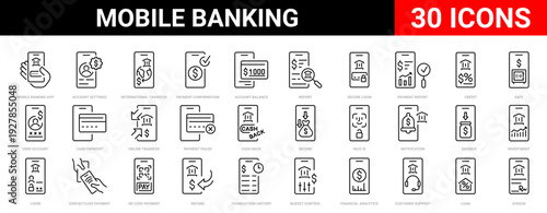 Modern mobile banking line icons set designed for fintech apps, digital payments, online banking dashboards and financial user interfaces