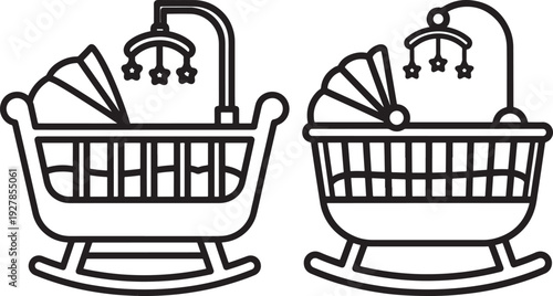 Outline illustrations of two classic rocking cradles with mobiles, symbolizing new life and childcare, vector graphic