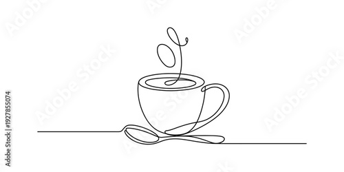 Minimalist continuous line drawing of a steaming cup of coffee with a spoon on a table. Vector, illustration
