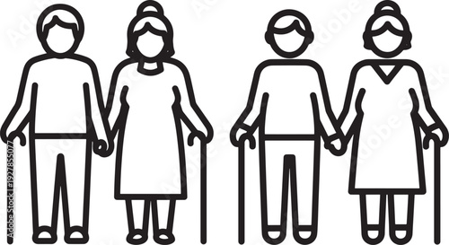 Line art illustration of two elderly couples holding hands, symbolizing love and companionship, vector graphic