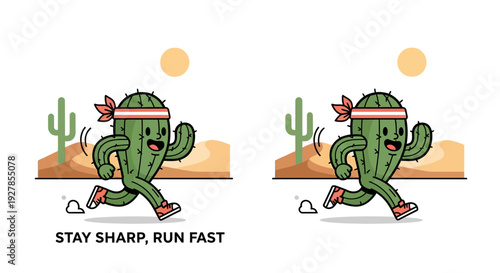 Two identical illustrations of a cheerful cartoon cactus wearing a headband and running shoes in a desert landscape with text 'STAY SHARP, RUN FAST'.