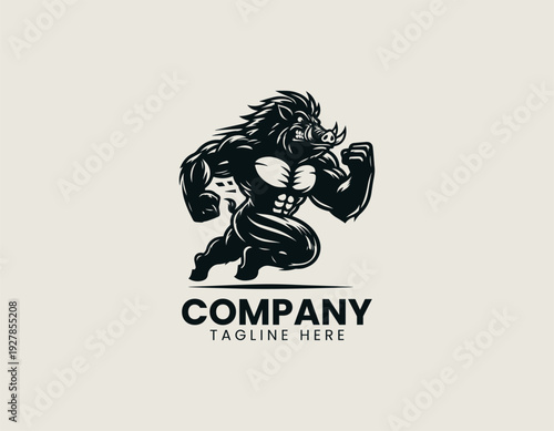 Muscular wild boar running with clenched fists black vector logo illustration