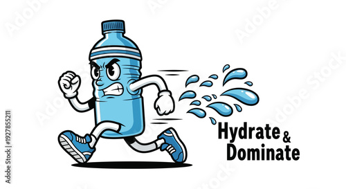 A cartoon water bottle character with arms, legs, and running shoes, sprinting vigorously, leaving a trail of water splashes, with the text 'Hydrate & Dominate'.