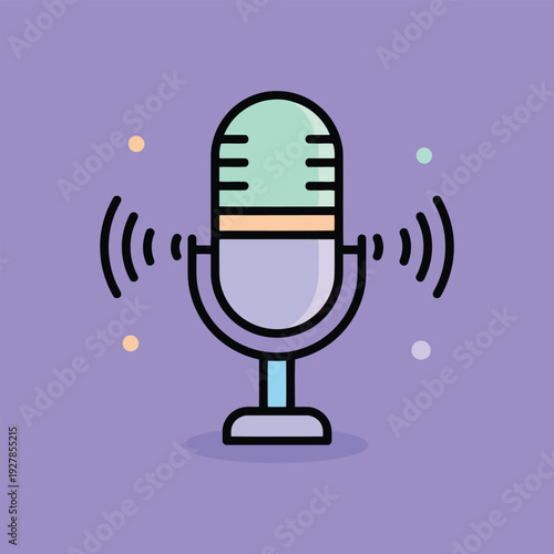 Vector illustration of a colorful illustration of a microphone with sound waves on a purple background with dots