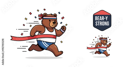Cartoon bear athlete running through a finish line with confetti, celebrating victory in a race.