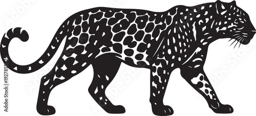 Black silhouette of a leopard walking, isolated on white background